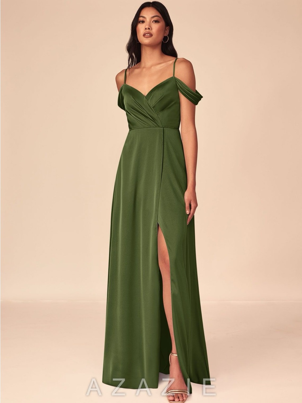 Azazie Olive Green Off-Shoulder Spaghetti Strap Bridesmaid Dress